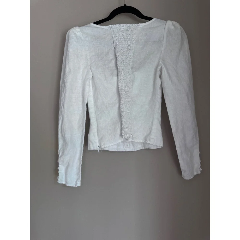 Reformation White 100% Linen Coquette Top Square Neck Smocked Back Puff Sleeve 2
